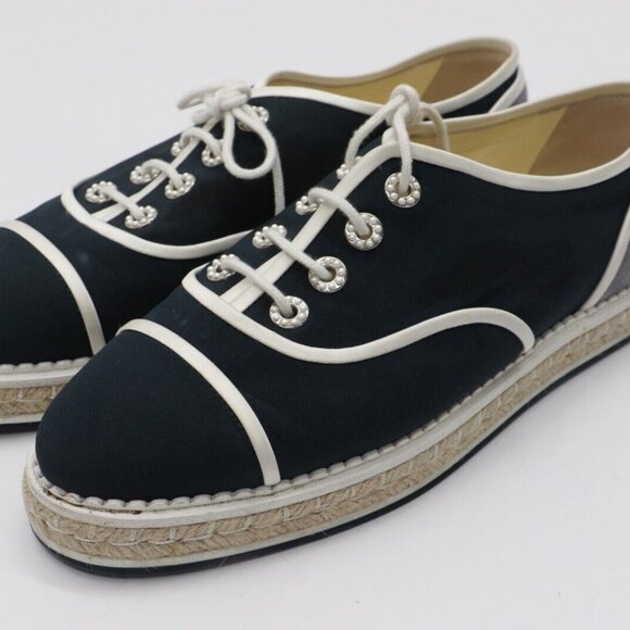 CHANEL Crepe Suede Lace Up Espadrilles Navy Grey Size 9.5 US/39.5 EU - Picture 1 of 14